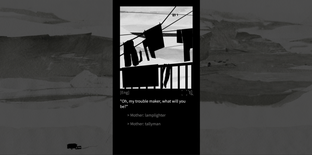 Image from Dull Grey: "'Oh, my trouble maker, what will you be?' / Mother: lamplighter / Mother: tallyman"