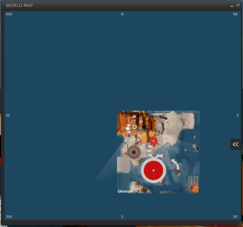 An aerial map of the Ouvroir archipelago in second life, depicting the museum, the cinema, and the contours of the islands.