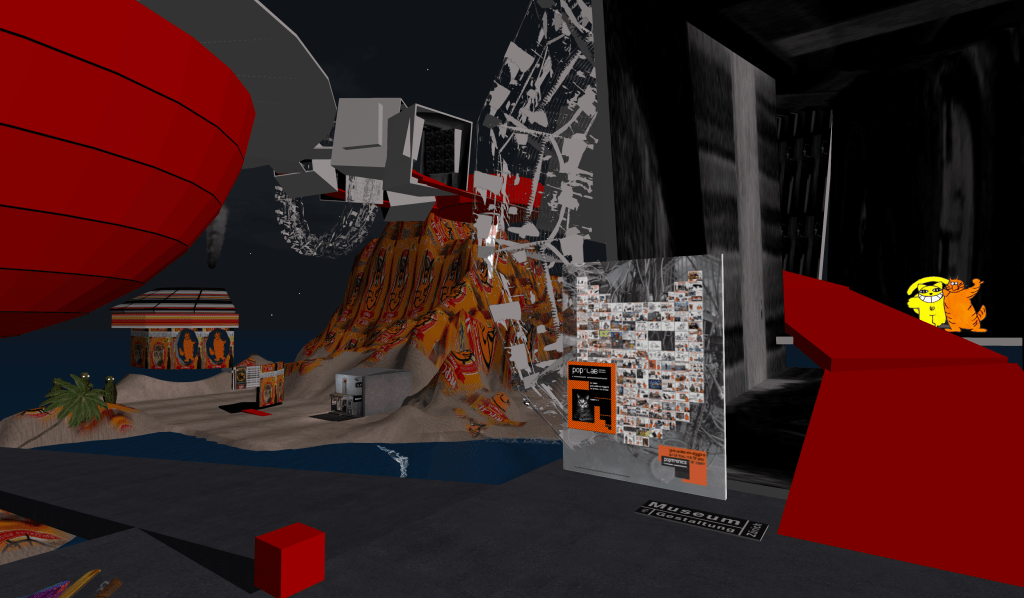 Still from Second Life: A red, ringed planet (the museum) is visible on the left. A geometric red carpet leads upward into a tunnel. Guillaume, an orange cartoon cat, and a smiling yellow cat wave from the tunnel. In the background, a mountain range plastered with Guillaume ads is visible.